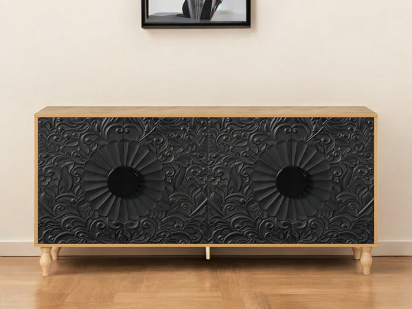 HomeRoots 68" Distressed Carved Floral Sideboard – Rustic Two-Tone Storage Buffet for Dining & Living Spaces 568414