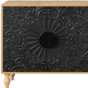 HomeRoots 68" Distressed Carved Floral Sideboard – Rustic Two-Tone Storage Buffet for Dining & Living Spaces 568414