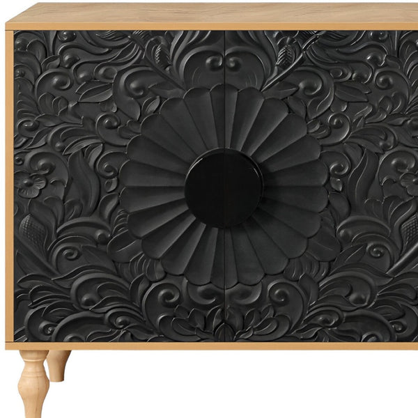 HomeRoots 68" Distressed Carved Floral Sideboard – Rustic Two-Tone Storage Buffet for Dining & Living Spaces 568414