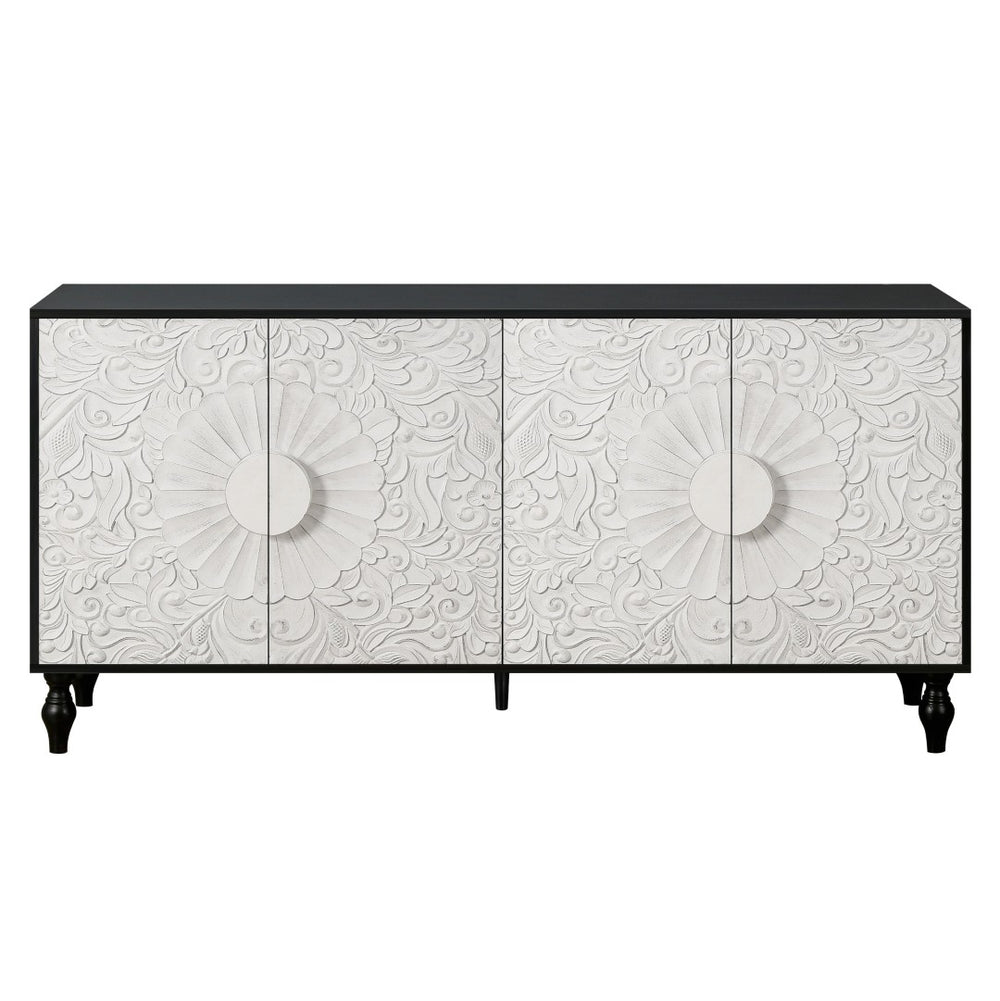 HomeRoots 68" Black and White Distressed Carved Floral Sideboard - Stylish Storage & Versatile Home Accent Piece 568415