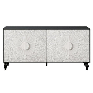 HomeRoots 68" Black and White Distressed Carved Floral Sideboard - Stylish Storage & Versatile Home Accent Piece 568415