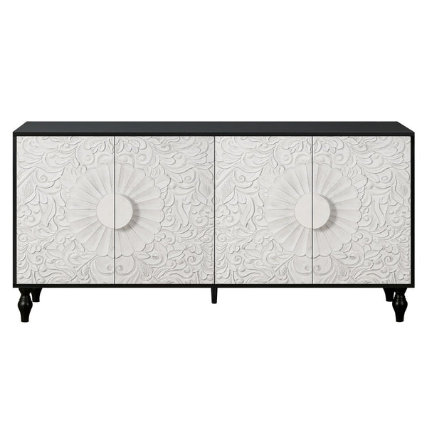HomeRoots 68" Black and White Distressed Carved Floral Sideboard - Stylish Storage & Versatile Home Accent Piece 568415
