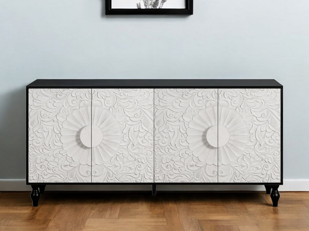 HomeRoots 68" Black and White Distressed Carved Floral Sideboard - Stylish Storage & Versatile Home Accent Piece 568415