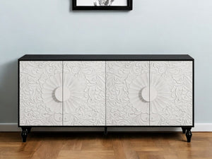 HomeRoots 68" Black and White Distressed Carved Floral Sideboard - Stylish Storage & Versatile Home Accent Piece 568415