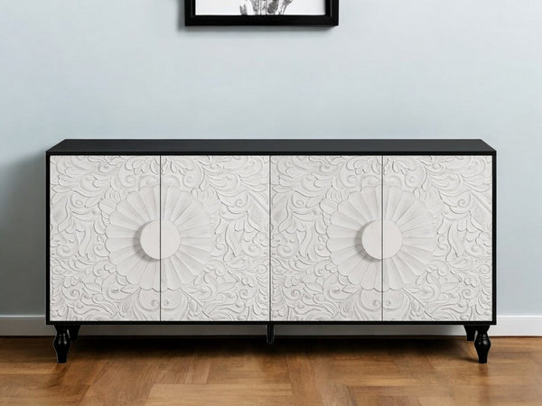 HomeRoots 68" Black and White Distressed Carved Floral Sideboard - Stylish Storage & Versatile Home Accent Piece 568415
