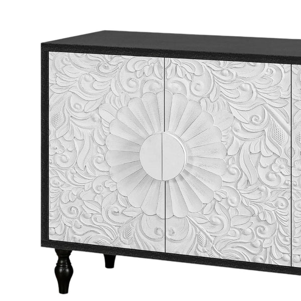 HomeRoots 68" Black and White Distressed Carved Floral Sideboard - Stylish Storage & Versatile Home Accent Piece 568415