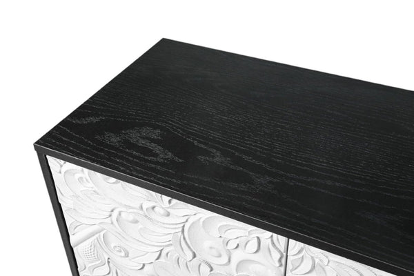 HomeRoots 68" Black and White Distressed Carved Floral Sideboard - Stylish Storage & Versatile Home Accent Piece 568415