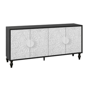 HomeRoots 68" Black and White Distressed Carved Floral Sideboard - Stylish Storage & Versatile Home Accent Piece 568415