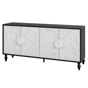 HomeRoots 68" Black and White Distressed Carved Floral Sideboard - Stylish Storage & Versatile Home Accent Piece 568415