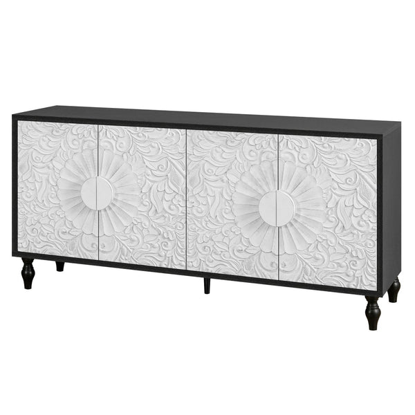 HomeRoots 68" Black and White Distressed Carved Floral Sideboard - Stylish Storage & Versatile Home Accent Piece 568415