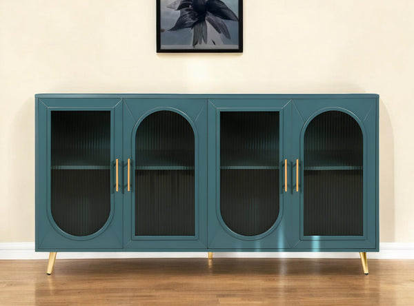 Homeroots 60" Teal Blue Ribbed Texture Sideboard With Four Doors   568416