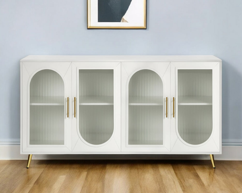 HomeRoots 60" Modern White Ribbed Texture Wood & Glass Sideboard - Stylish Storage Solution for Any Room 568417