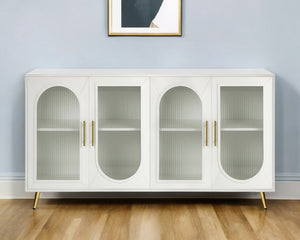 HomeRoots 60" Modern White Ribbed Texture Wood & Glass Sideboard - Stylish Storage Solution for Any Room 568417