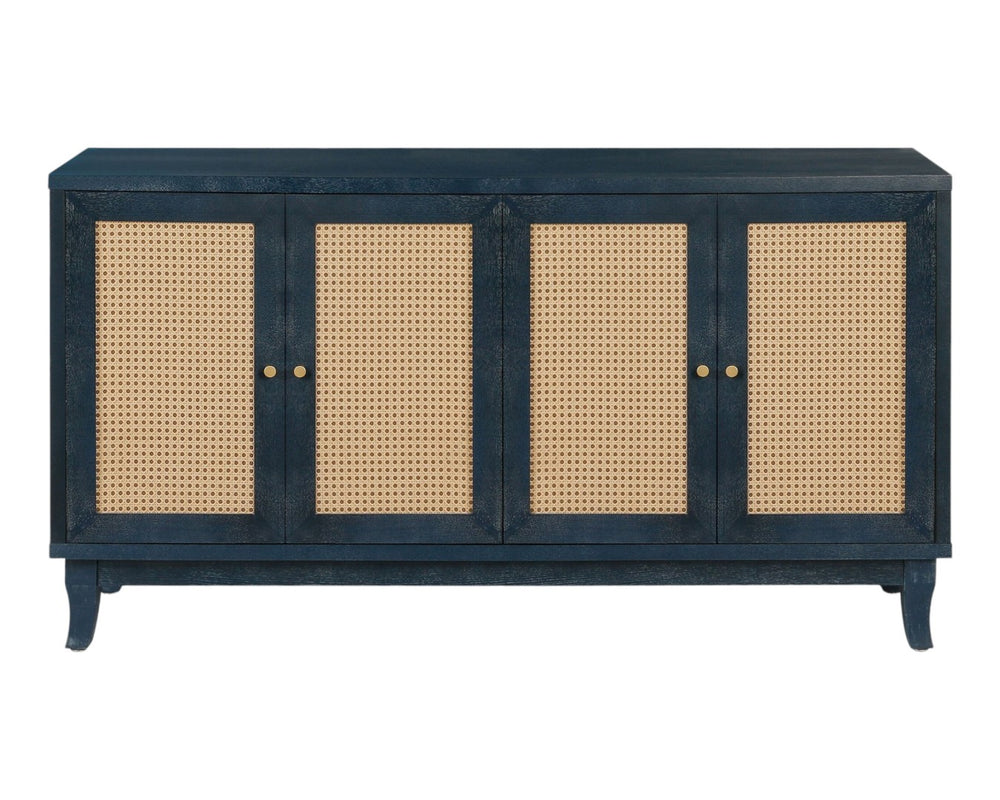 HomeRoots 60" Blue Distressed Wood and Rattan Sideboard - Stylish Storage Buffet, Console, or TV Stand 568420