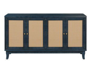 Homeroots 60" Blue Wood And Rattan Distressed Sideboard With Four Doors   568420