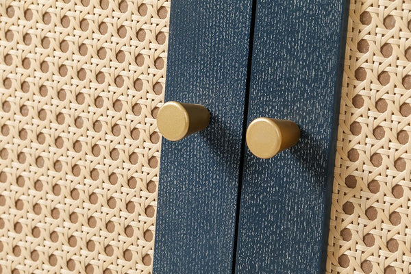 Homeroots 60" Blue Wood And Rattan Distressed Sideboard With Four Doors   568420