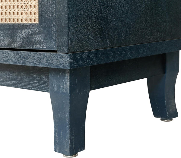 Homeroots 60" Blue Wood And Rattan Distressed Sideboard With Four Doors   568420