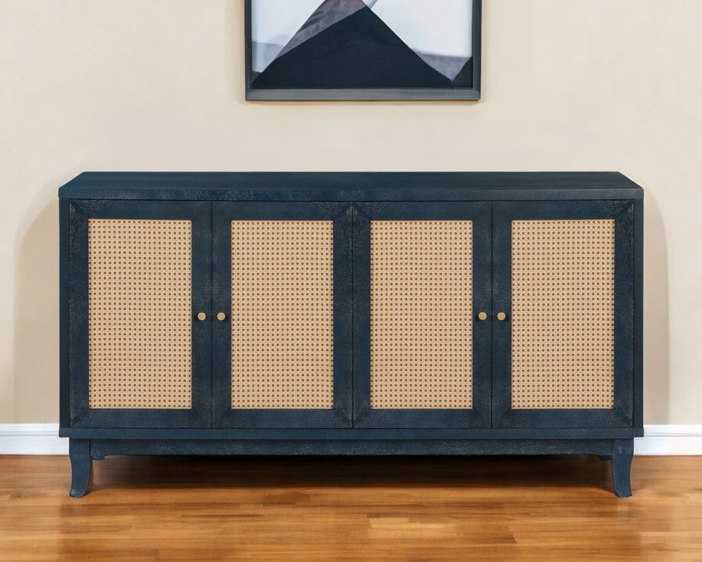 HomeRoots 60" Blue Distressed Wood and Rattan Sideboard - Stylish Storage Buffet, Console, or TV Stand 568420