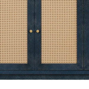 Homeroots 60" Blue Wood And Rattan Distressed Sideboard With Four Doors   568420