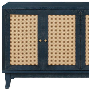 Homeroots 60" Blue Wood And Rattan Distressed Sideboard With Four Doors   568420
