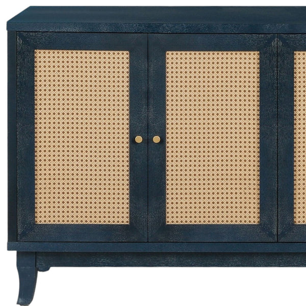 Homeroots 60" Blue Wood And Rattan Distressed Sideboard With Four Doors   568420