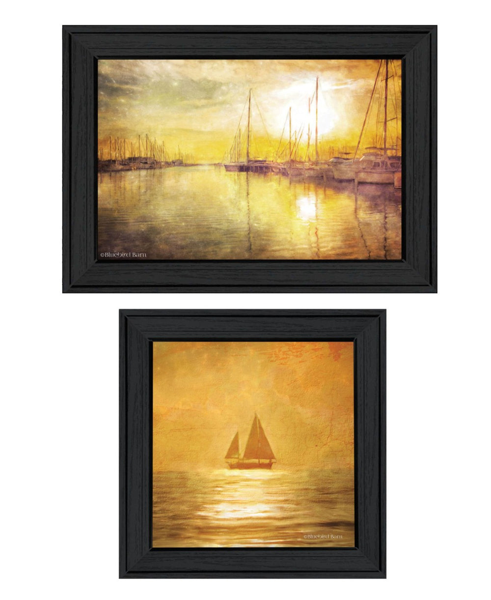 HomeRoots Set of Two Elegant Black Framed "Golden Solo Sailboats" Wall Art – Modern Coastal Décor Prints 568425