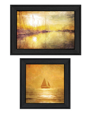 HomeRoots Set of Two Elegant Black Framed "Golden Solo Sailboats" Wall Art – Modern Coastal Décor Prints 568425