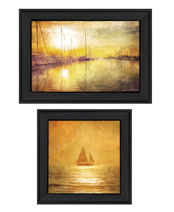 HomeRoots Set of Two Elegant Black Framed "Golden Solo Sailboats" Wall Art – Modern Coastal Décor Prints 568425