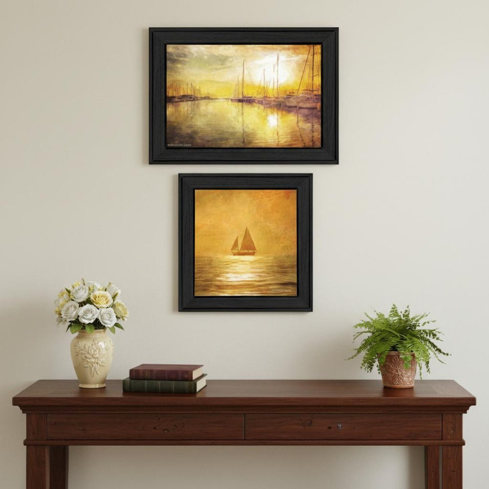 HomeRoots Set of Two Elegant Black Framed "Golden Solo Sailboats" Wall Art – Modern Coastal Décor Prints 568425