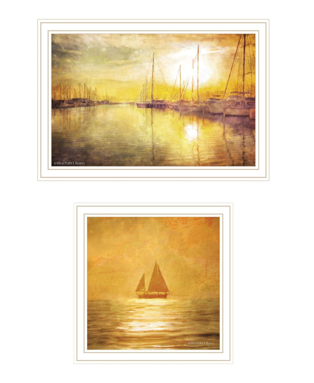 HomeRoots Set of Two "Golden Solo Sailboats" Coastal Wall Art Prints in White Frames for Elegant Décor 568426