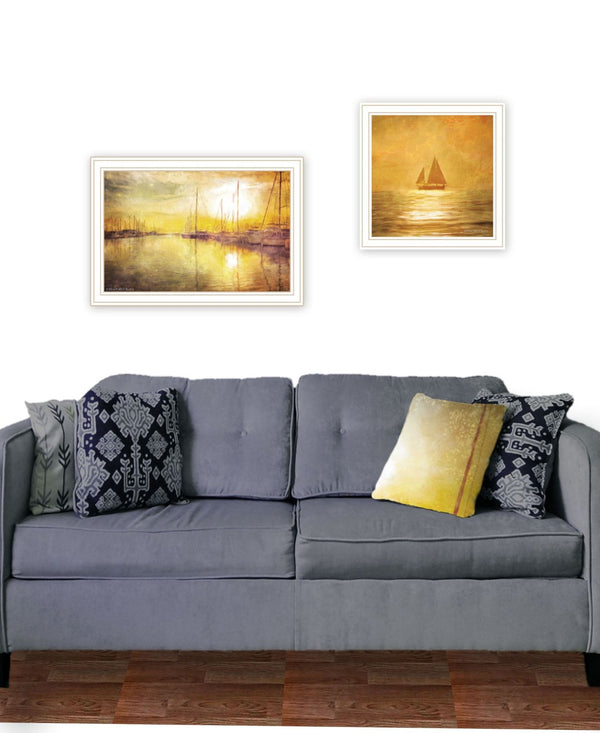 HomeRoots Set of Two "Golden Solo Sailboats" Coastal Wall Art Prints in White Frames for Elegant Décor 568426