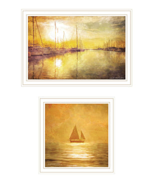 HomeRoots Set of Two "Golden Solo Sailboats" Coastal Wall Art Prints in White Frames for Elegant Décor 568426