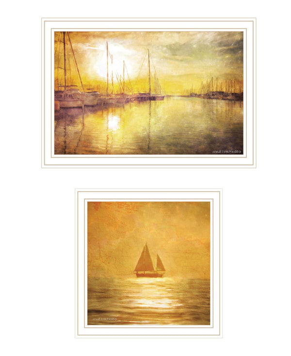 HomeRoots Set of Two "Golden Solo Sailboats" Coastal Wall Art Prints in White Frames for Elegant Décor 568426