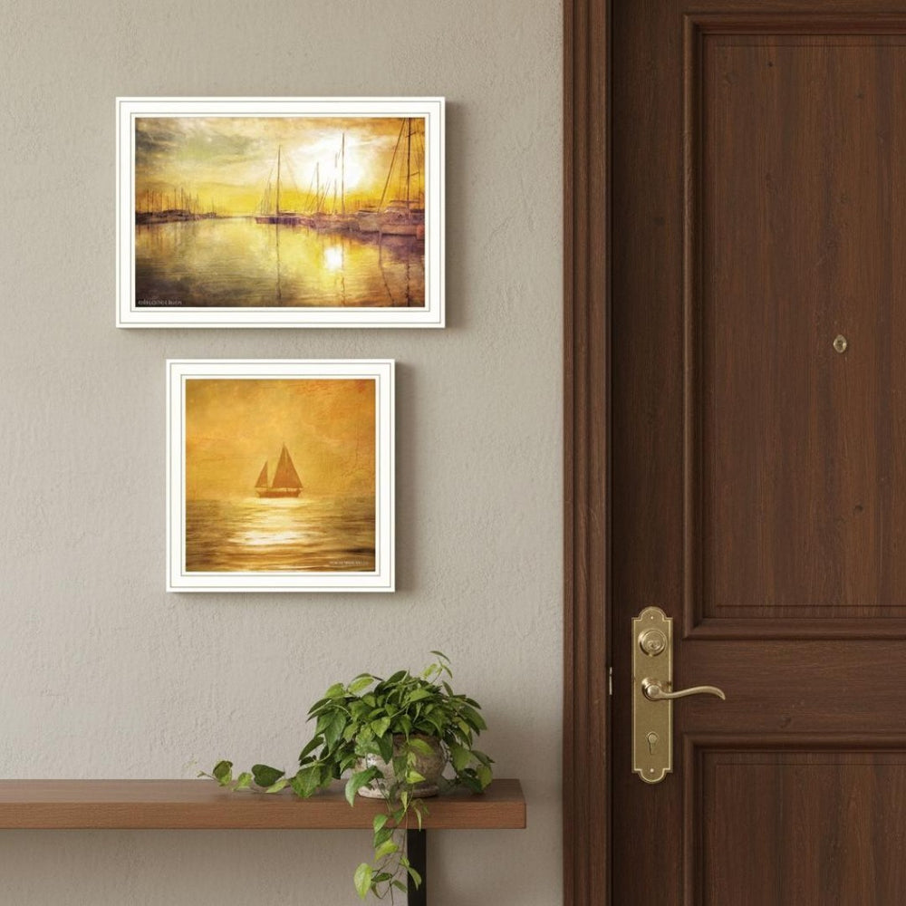 HomeRoots Set of Two "Golden Solo Sailboats" Coastal Wall Art Prints in White Frames for Elegant Décor 568426