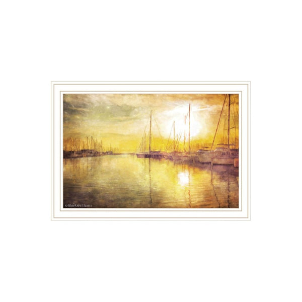HomeRoots Set of Two "Golden Solo Sailboats" Coastal Wall Art Prints in White Frames for Elegant Décor 568426