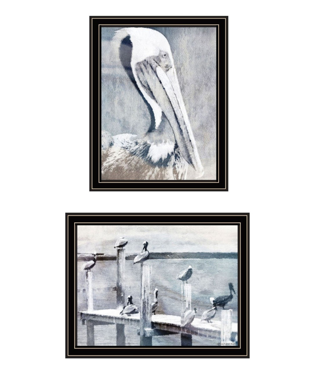 HomeRoots Set of Two Pelican Prints on Pier - Black Framed Coastal Wall Art for Modern Home Decor 568433