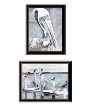 HomeRoots Set of Two Pelican Prints on Pier - Black Framed Coastal Wall Art for Modern Home Decor 568433