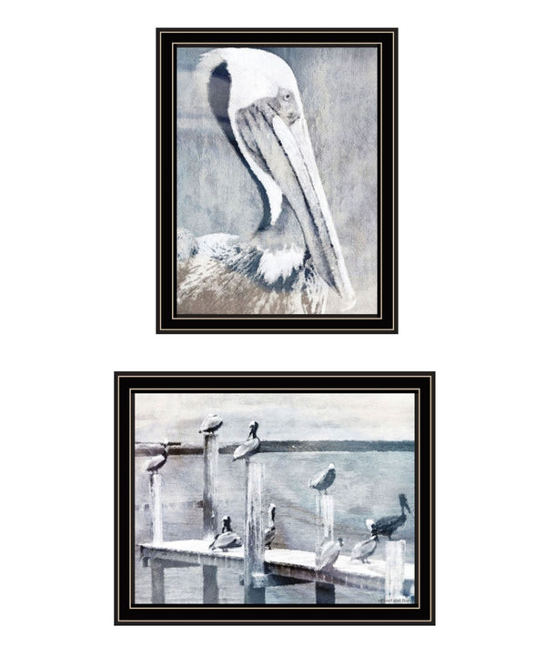 HomeRoots Set of Two Pelican Prints on Pier - Black Framed Coastal Wall Art for Modern Home Decor 568433