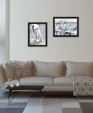 HomeRoots Set of Two Pelican Prints on Pier - Black Framed Coastal Wall Art for Modern Home Decor 568433