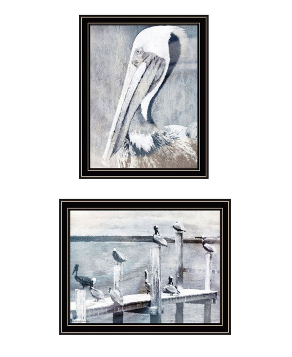 HomeRoots Set of Two Pelican Prints on Pier - Black Framed Coastal Wall Art for Modern Home Decor 568433
