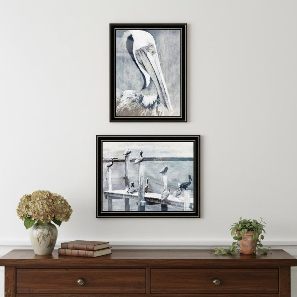 HomeRoots Set of Two Pelican Prints on Pier - Black Framed Coastal Wall Art for Modern Home Decor 568433