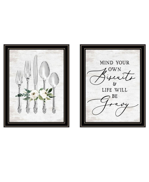 HomeRoots Set of Two Playful Ready to Dine Black Framed Wall Art Prints for Chic Dining Room Decor 568447