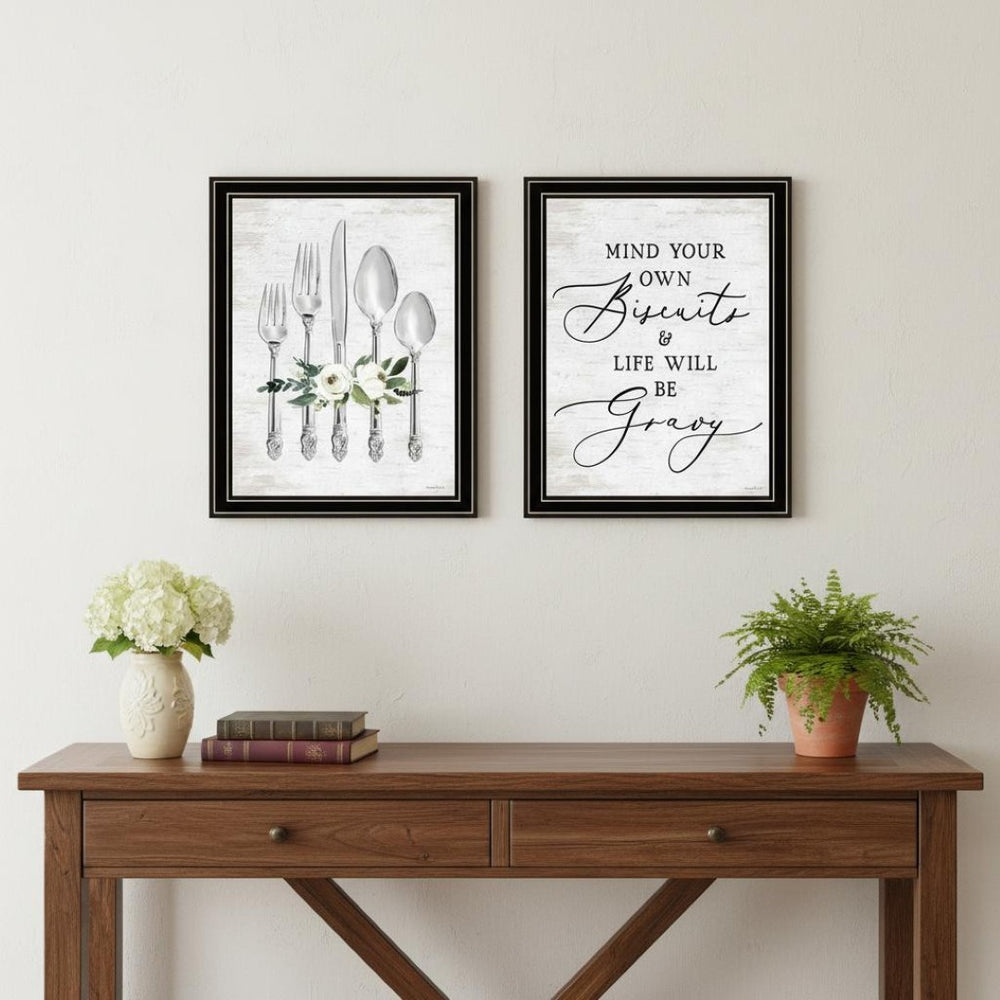 HomeRoots Set of Two Playful Ready to Dine Black Framed Wall Art Prints for Chic Dining Room Decor 568447