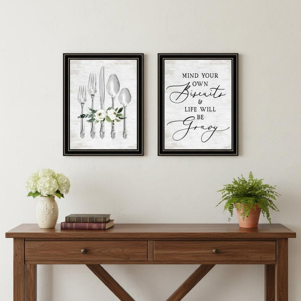 HomeRoots Set of Two Playful Ready to Dine Black Framed Wall Art Prints for Chic Dining Room Decor 568447