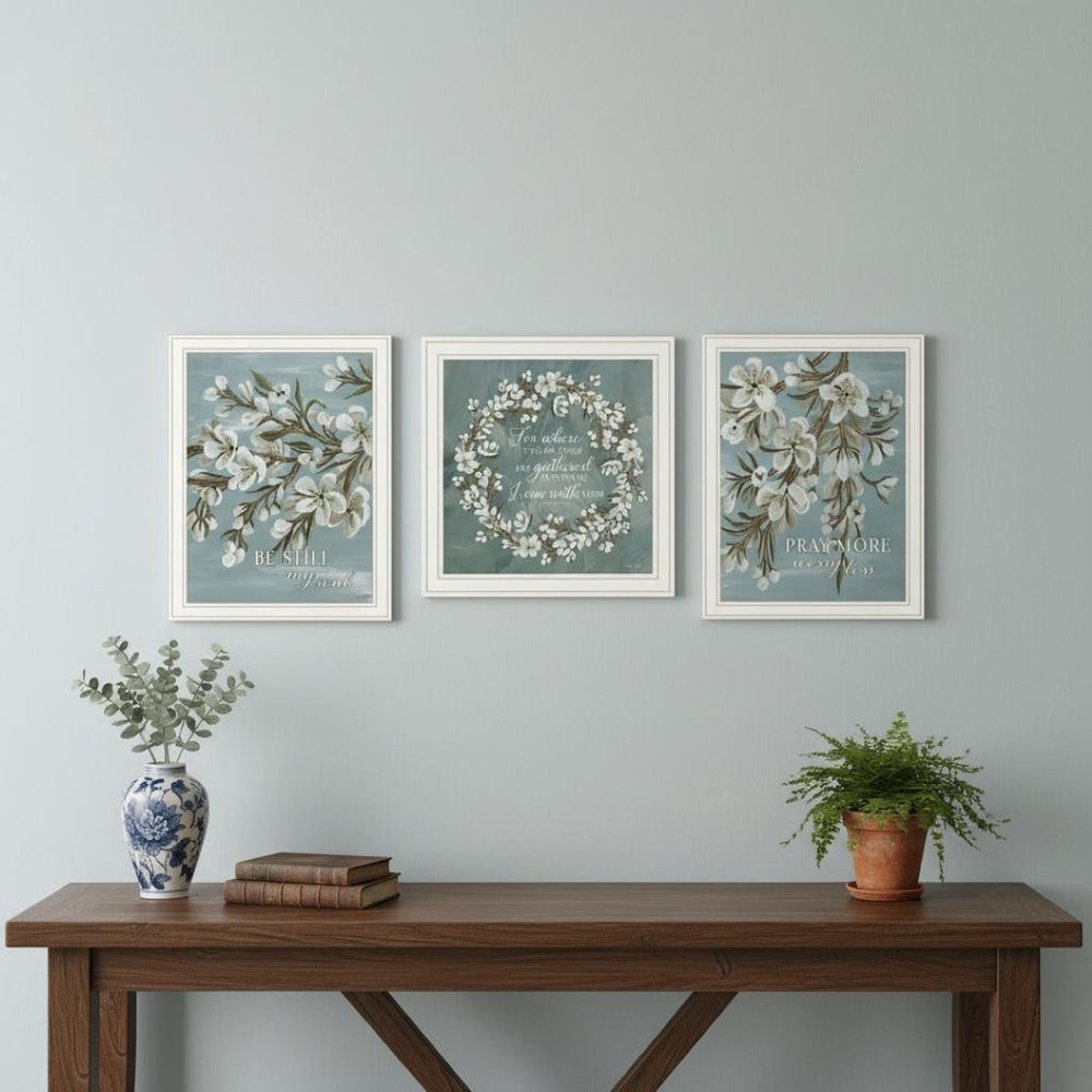 HomeRoots Set of Three Uplifting "Pray More and Worry Less" Framed Wall Art for a Serene Home Decor Touch 568468