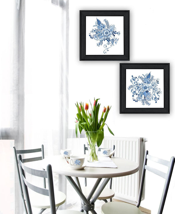 HomeRoots Set of Two Blue and White Floral Framed Wall Art – Elegant Delph Designs for Timeless Home Decor 568485