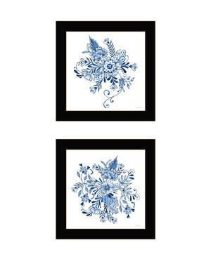 HomeRoots Set of Two Delph Floral Prints in Blue and White with Black Frames for Elegant Wall Décor 568486