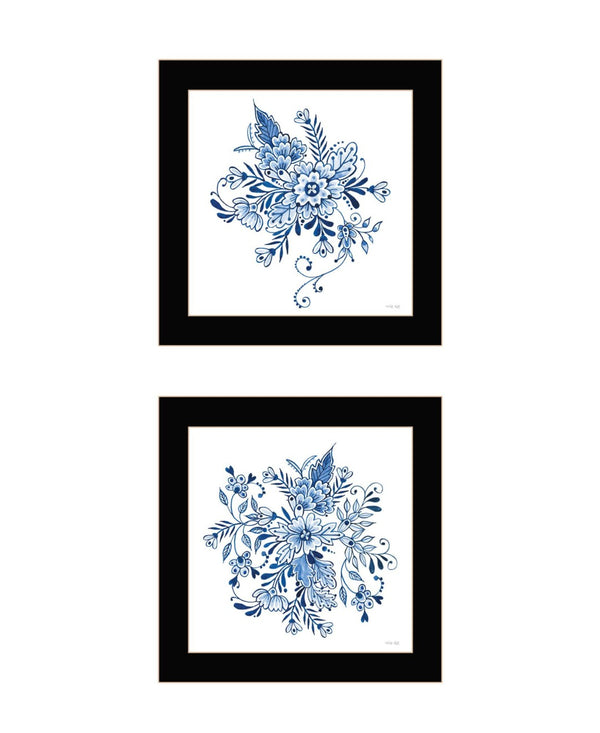 HomeRoots Set of Two Delph Floral Prints in Blue and White with Black Frames for Elegant Wall Décor 568486