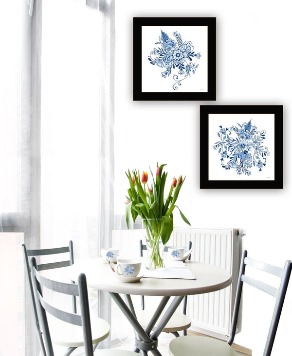 HomeRoots Set of Two Delph Floral Prints in Blue and White with Black Frames for Elegant Wall Décor 568486