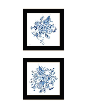 HomeRoots Set of Two Delph Floral Prints in Blue and White with Black Frames for Elegant Wall Décor 568486